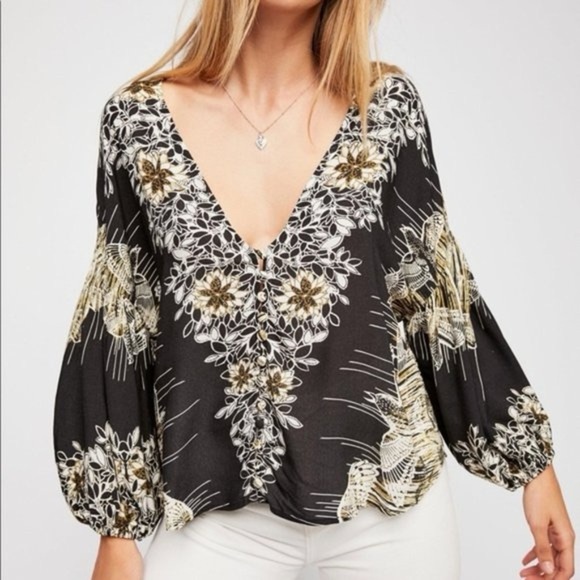 Free People Tops - Free People Birds of Feathers Black and Cream Graphic Bishop Sleeve Blouse
